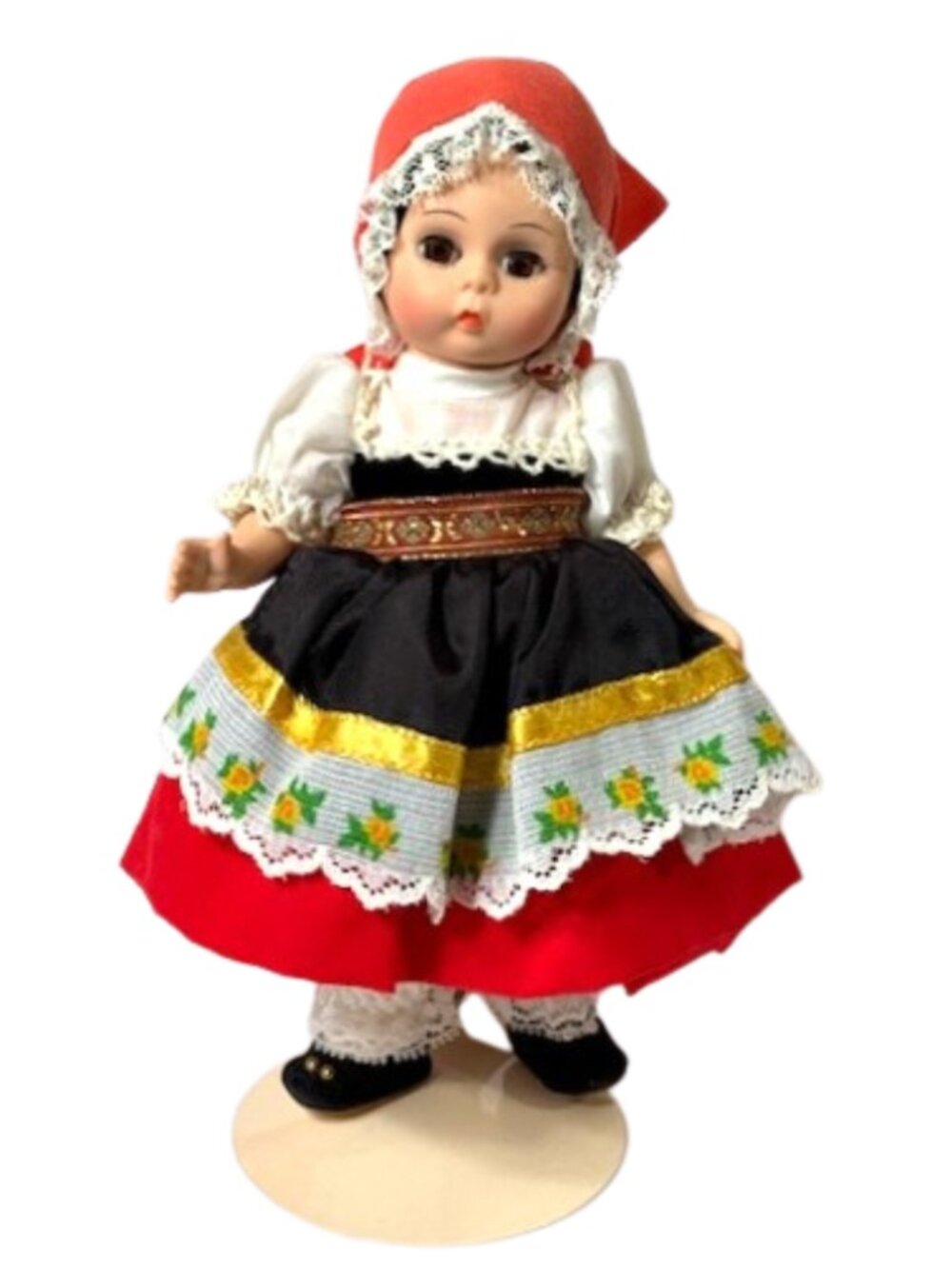 Madame Alexander restrung 8" Czechoslovakia doll with stand.